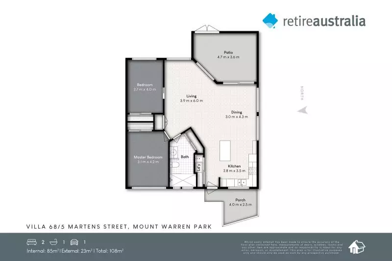 Beautiful two-bedroom, one bathroom villa with covered rear entertaining area.