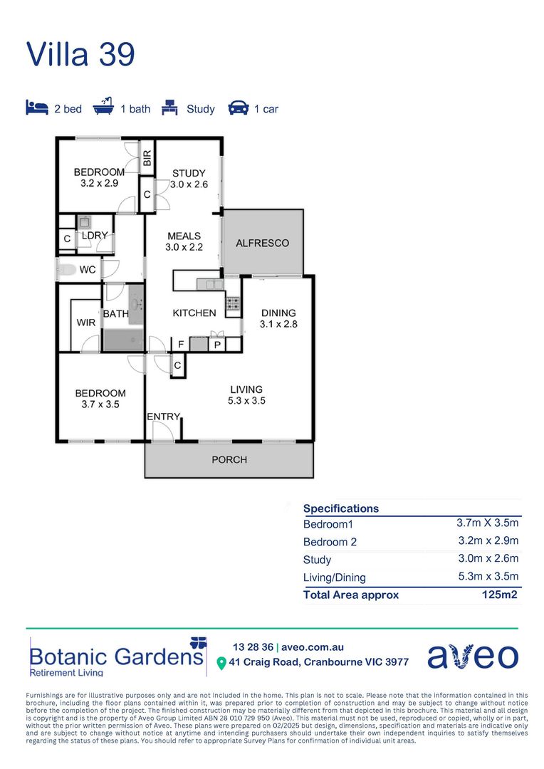 Free-standing two-bedroom villa with a study in a quiet court