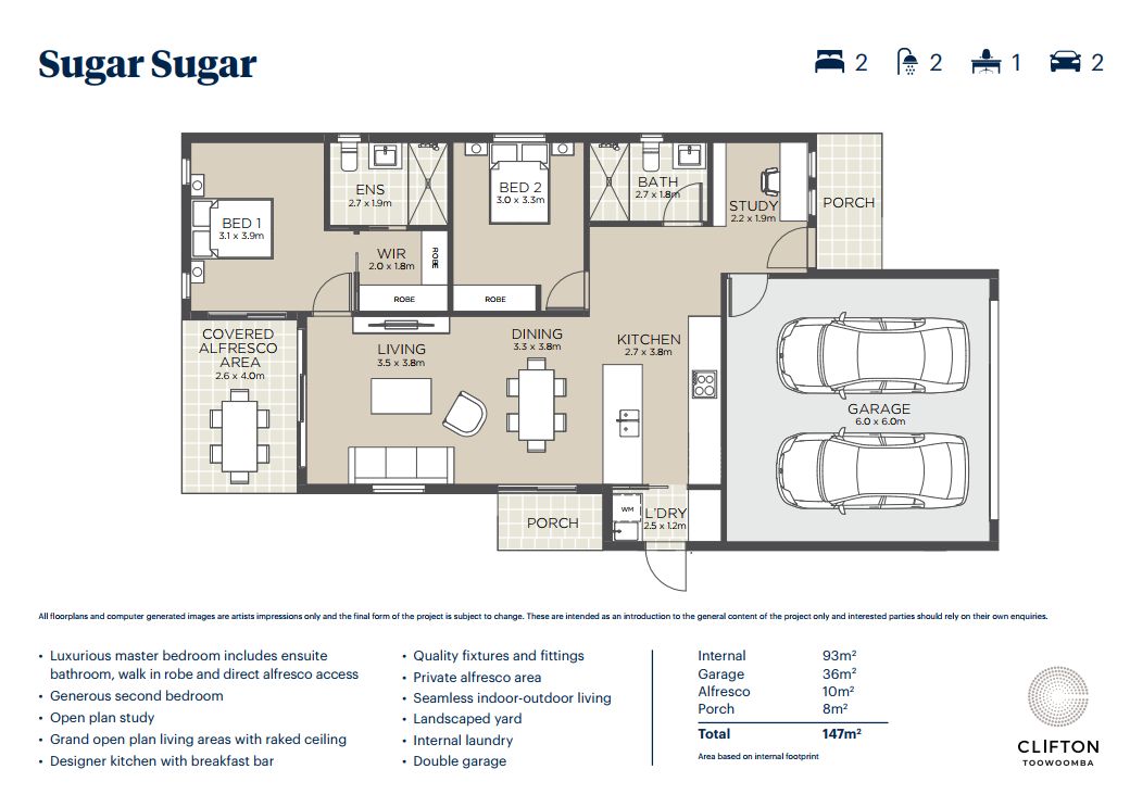 Stylish two-bedroom, two-bathroom home with study and double garage