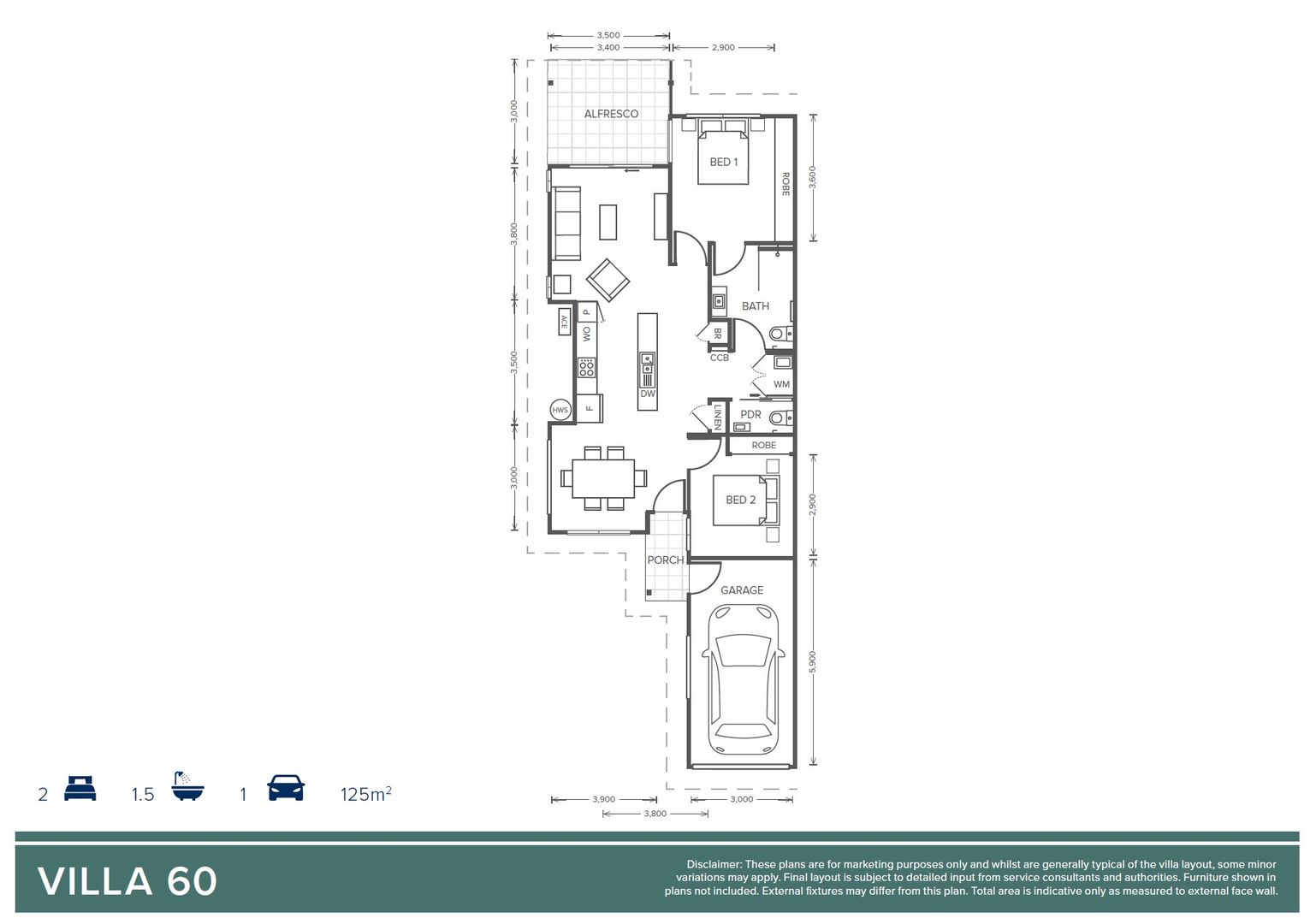 2 Bed + 1 Bath + Powder Room 'Waratah' Villa 