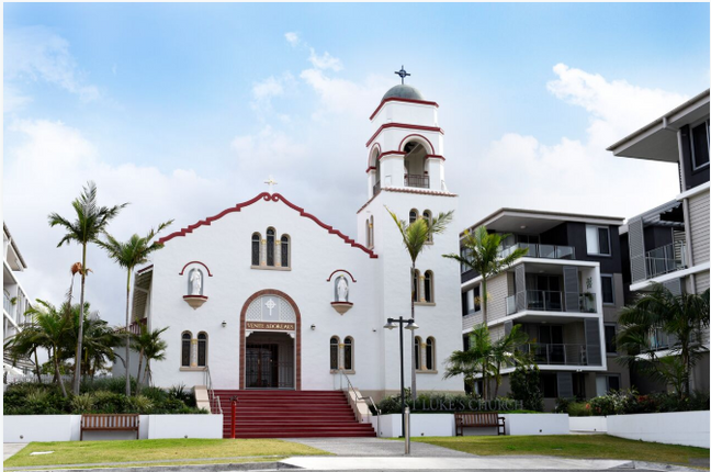 The St Luke's Green retirement living project is set around a Spanish Mission-style church