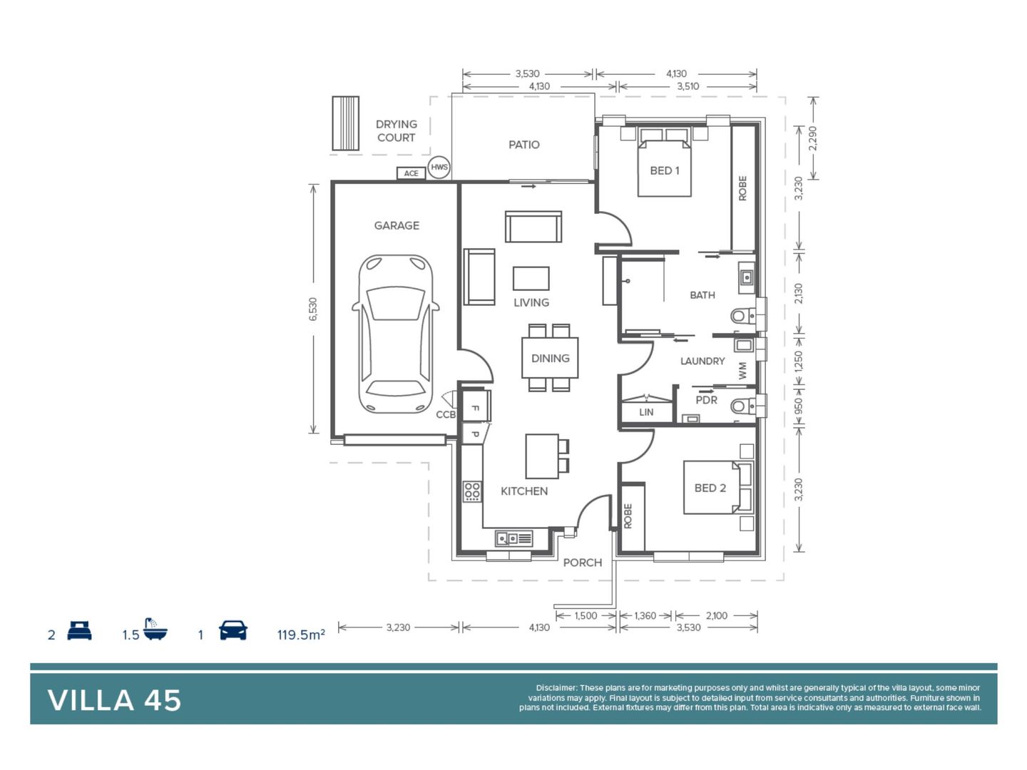 Villa 45 | 2 bedroom, 1 bathroom & powder - Oak Tree Retirement Village Mudgee