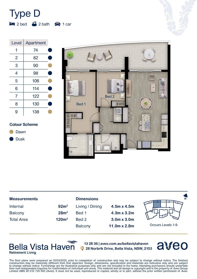 Generous, light-filled two-bedroom residence with a private balcony