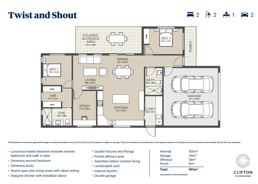 Spacious two-bedroom, two-bathroom home with study and expansive alfresco