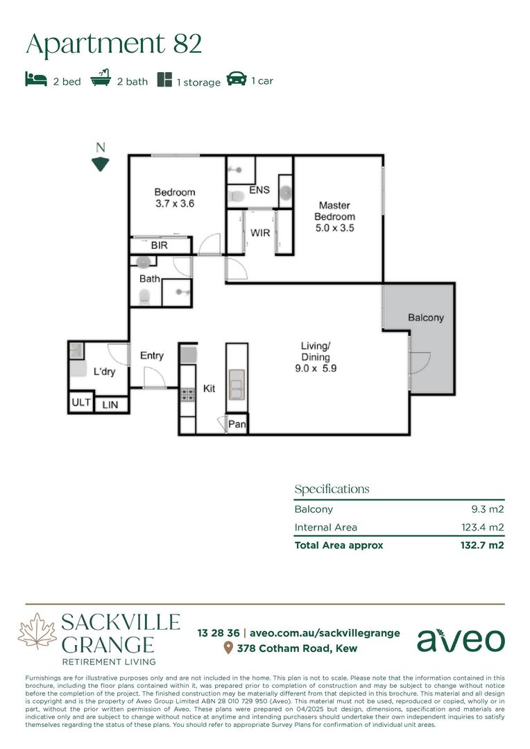 Spacious two-bedroom apartment with north-facing balcony