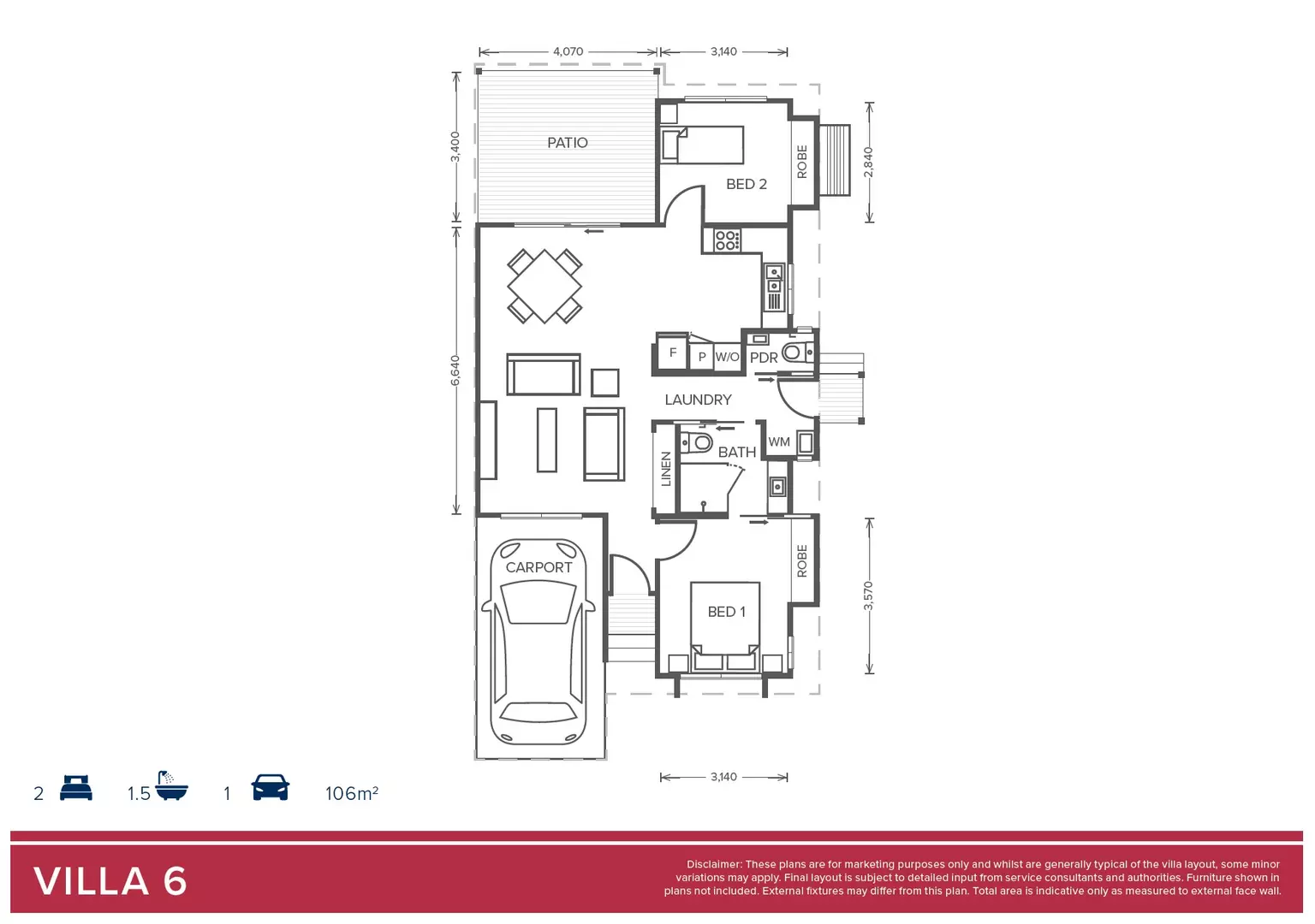 2 Bed + 1 Bath + Powder Room Villa 6