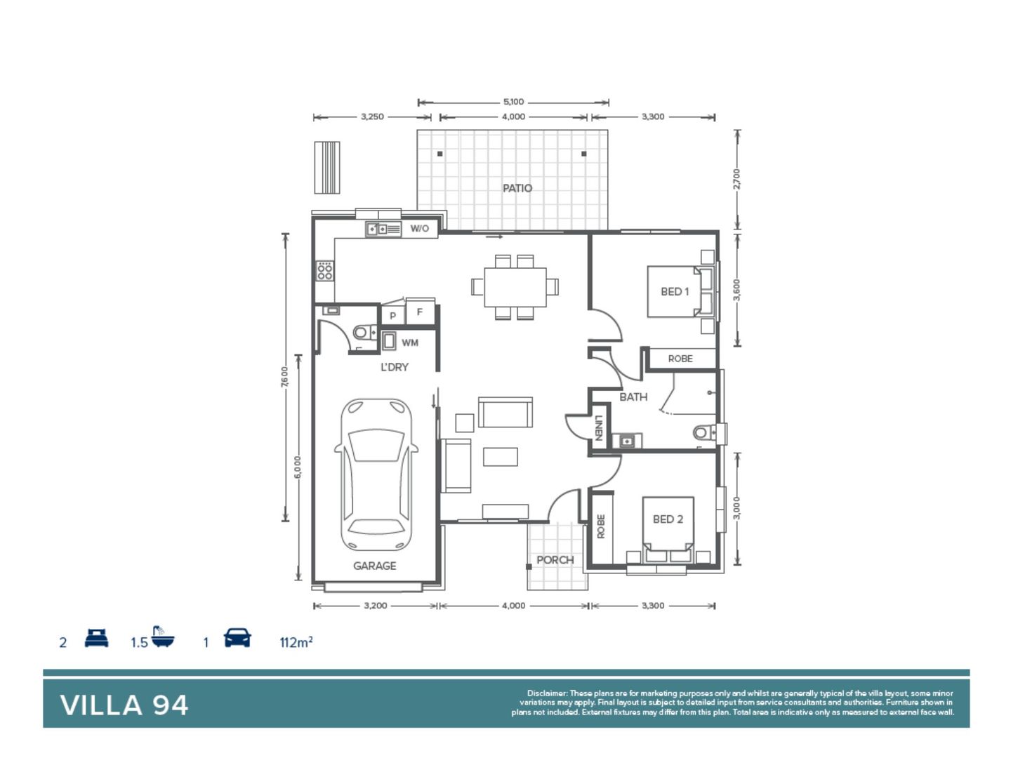Villa 94 | 2 Bedroom + 1 Bathroom + Powder Room - Oak Tree Retirement Village Orange