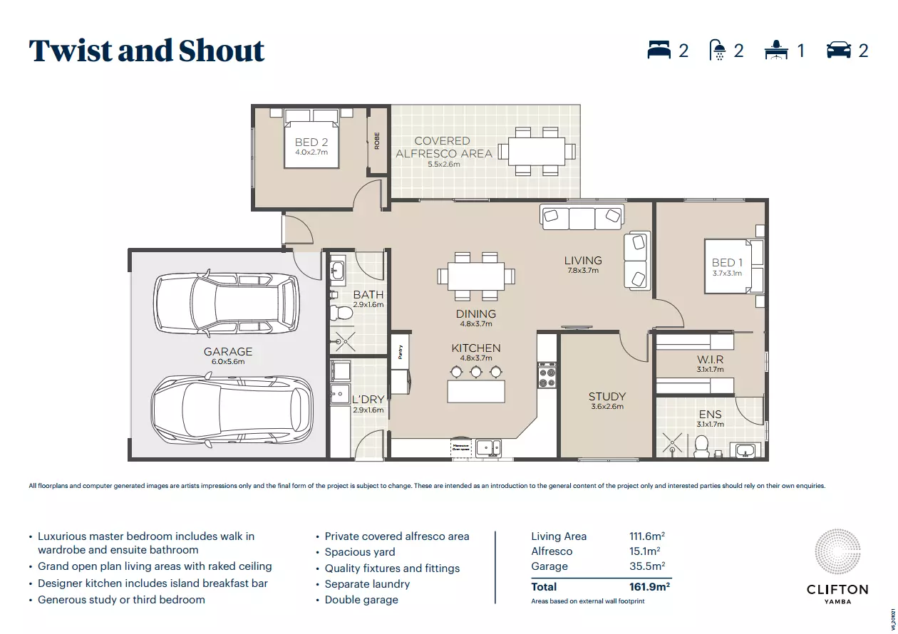 Clifton Yamba | Twist and Shout | 2-bed+ study 2-baths 2-garage | Prime NE location - ready for Summer!