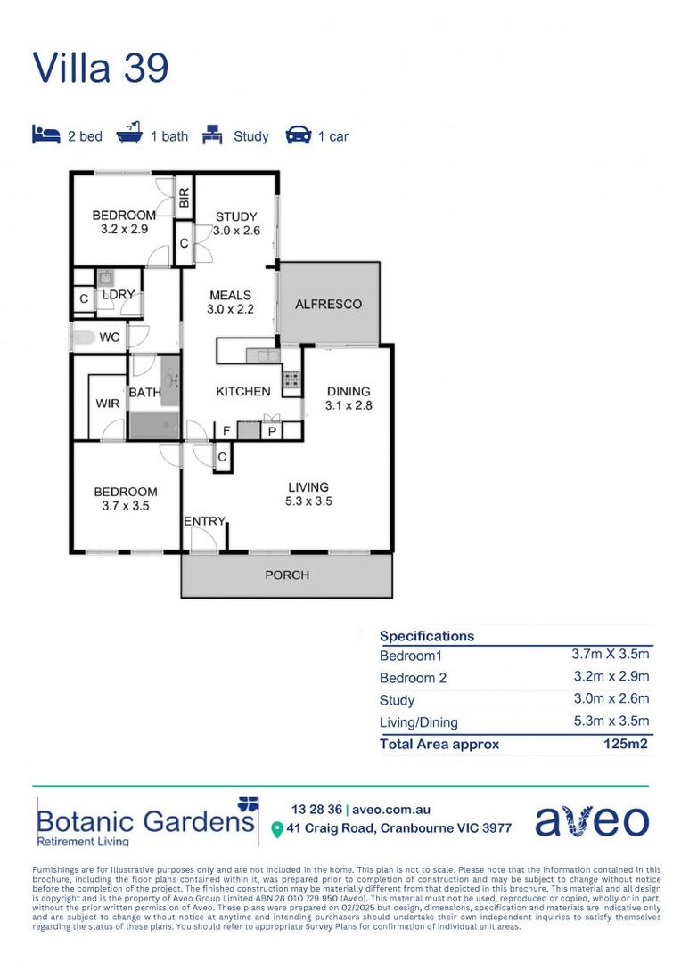 Free-standing two-bedroom villa with a study in a quiet court