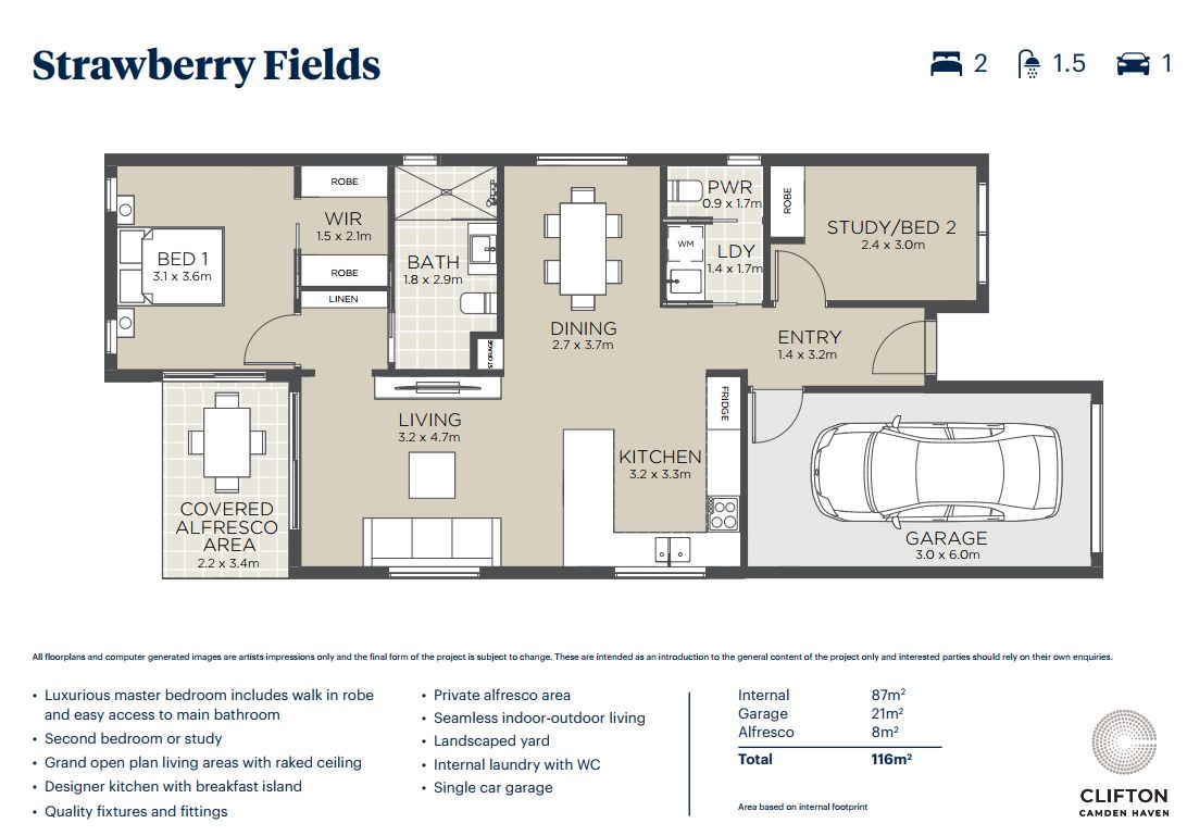 Clever two-bedroom design with flexible second bedroom or study