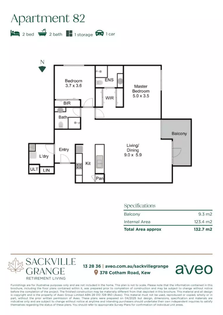 Spacious two-bedroom apartment with north-facing balcony