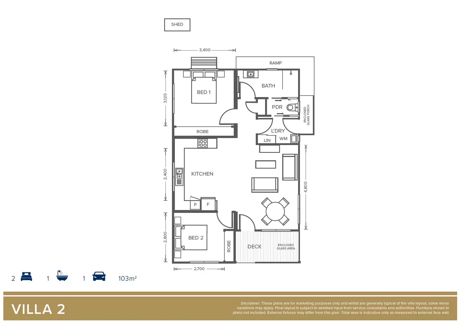 Villa 2 - 2 Bed + 1 Bath