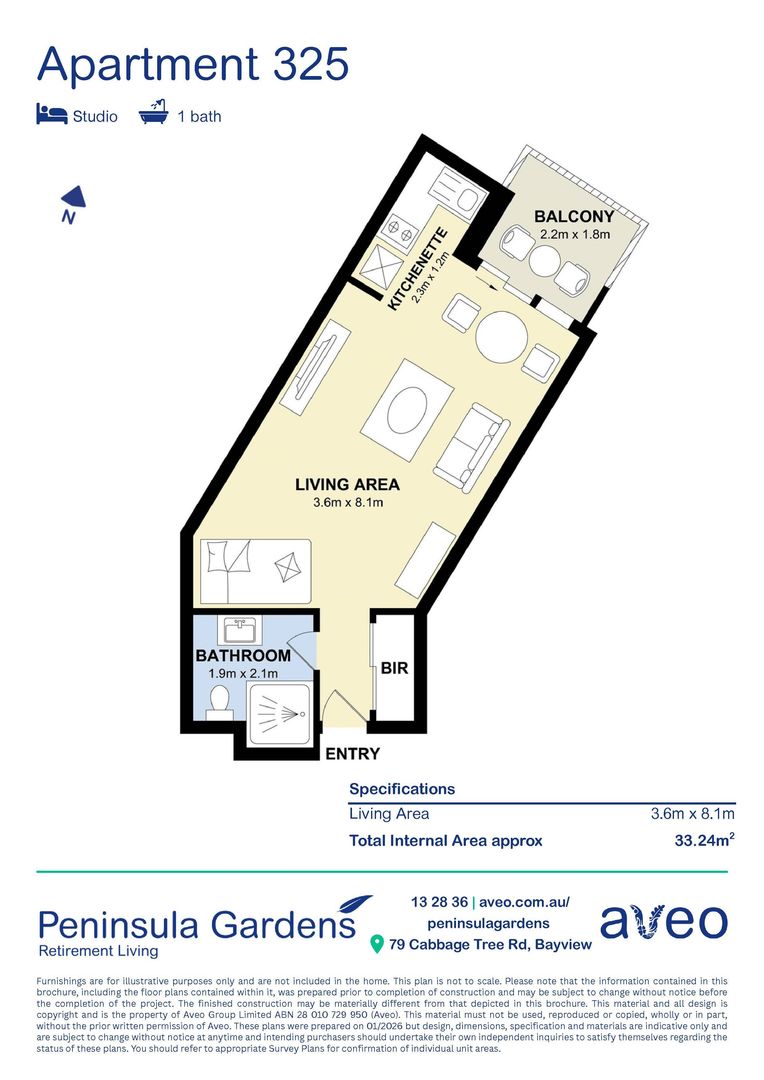 Studio apartment with a private covered patio