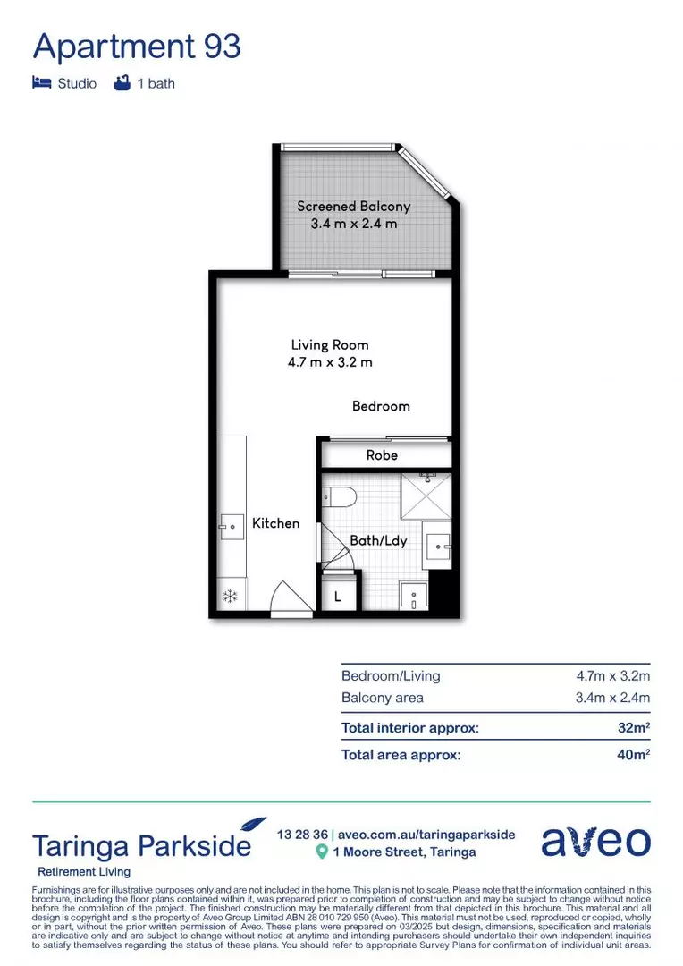 Peaceful retirement living studio apartment