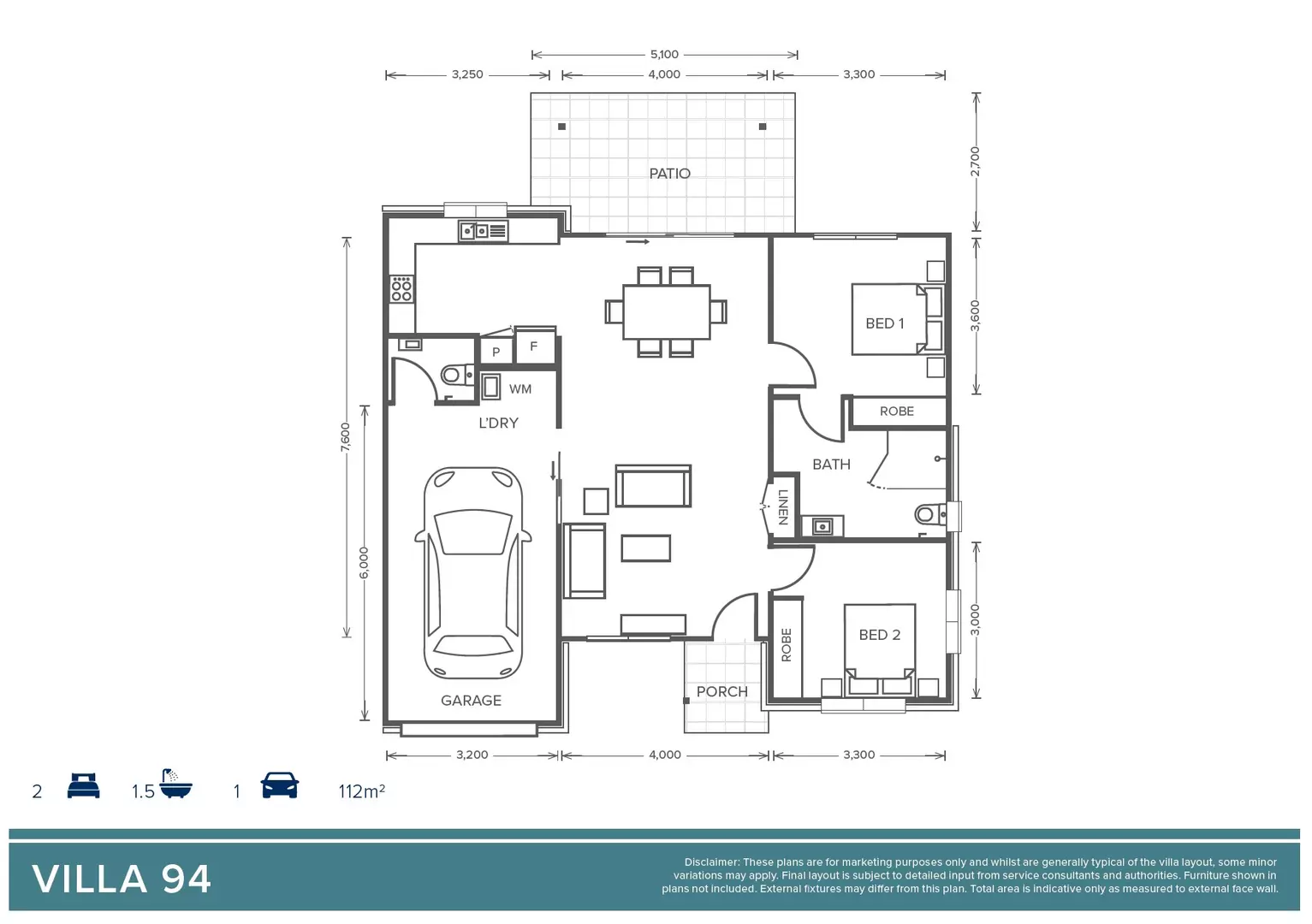 Villa 94 | 2 Bedroom + 1 Bathroom + Powder Room - Oak Tree Retirement Village Orange