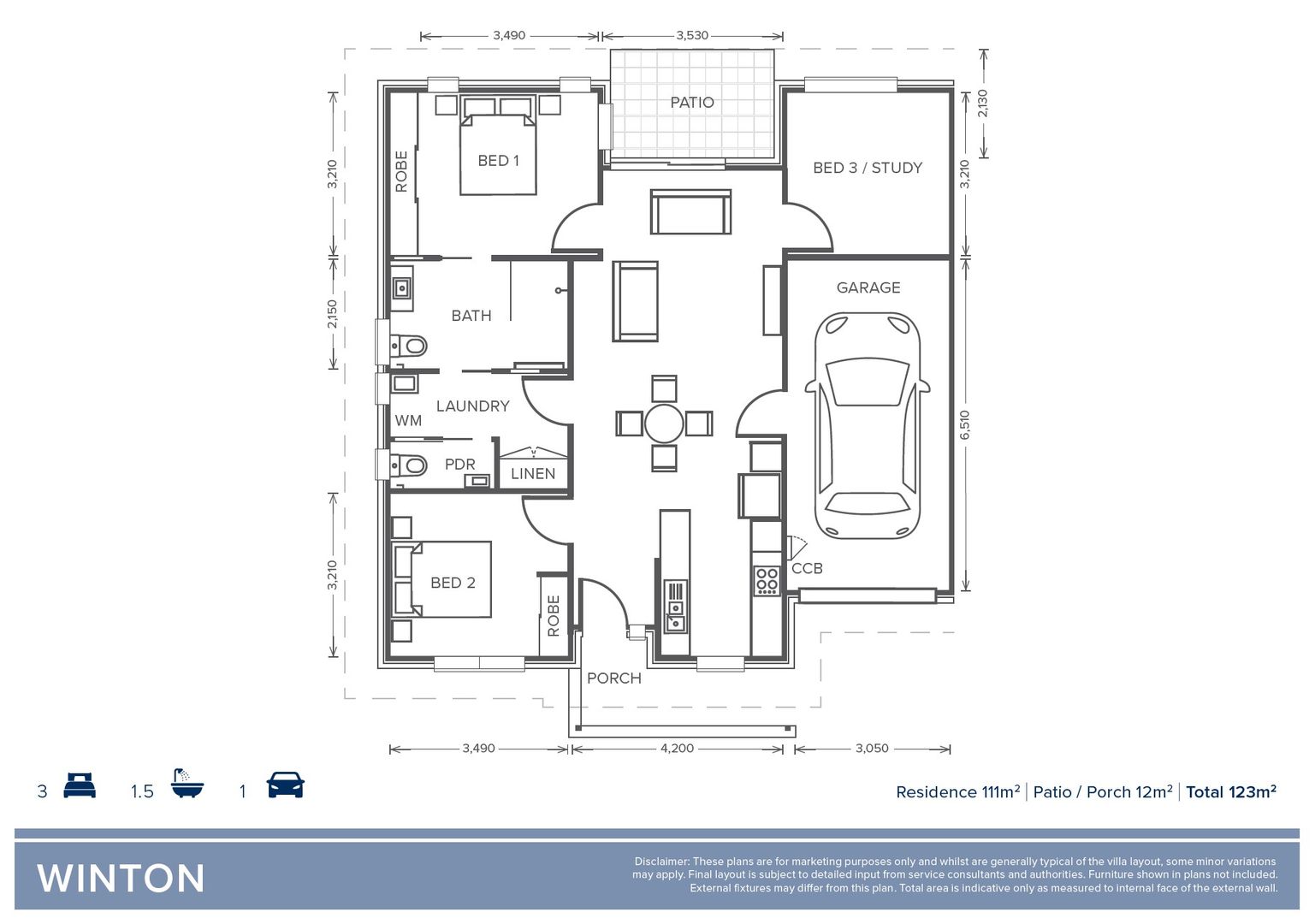 3 Bed + 1 Bath + Powder Room 'Winton' Design Villa