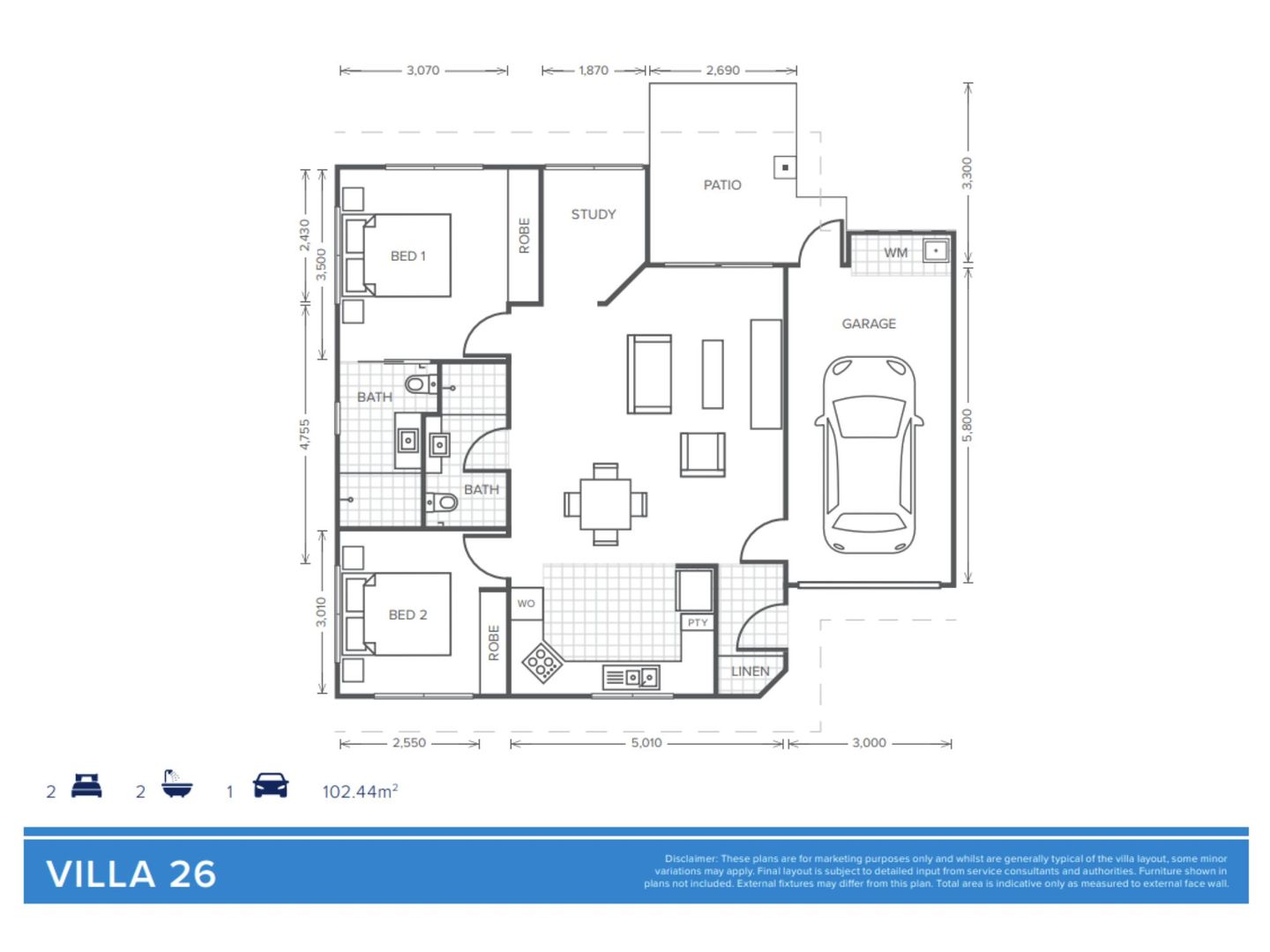 Villa 26 | 2 bed + 2 Bath + Study - Oak Tree Retirement Village Cairns