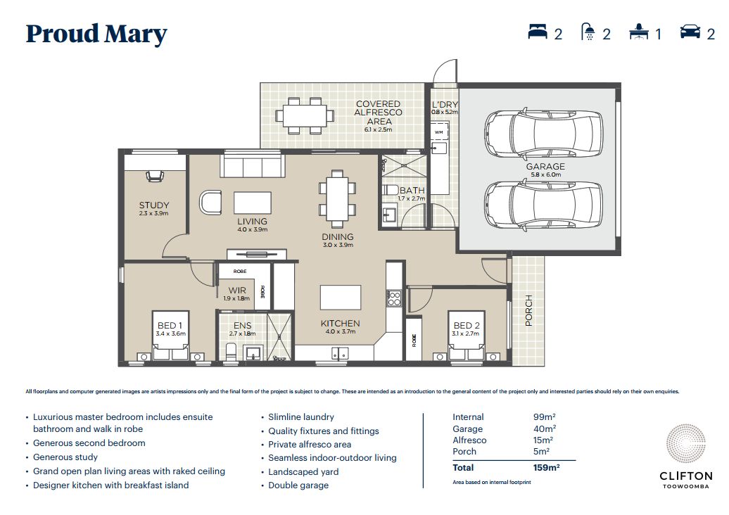 Thoughtfully designed two-bedroom, two-bathroom home with generous study and seamless flow