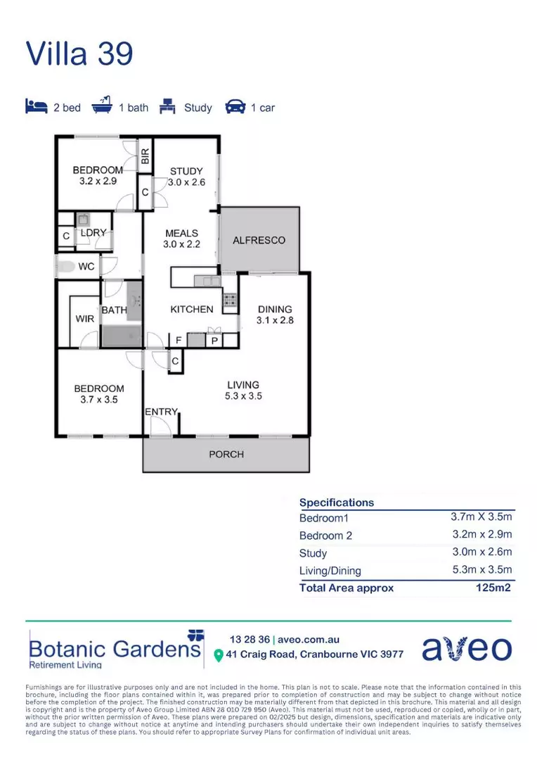 Free-standing two-bedroom villa with a study in a quiet court
