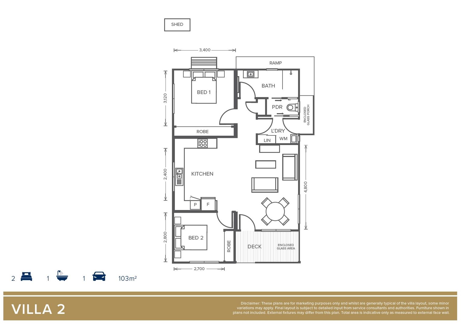 Villa 2 - 2 Bed + 1 Bath