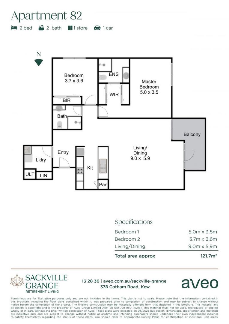 Spacious two-bedroom apartment with north-facing balcony