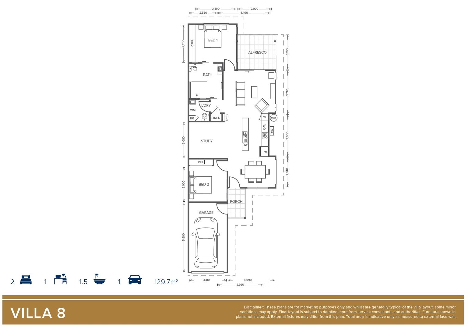 2 Bed + Study + 1 Bath + Powder Room 'Myrtle' Villa 