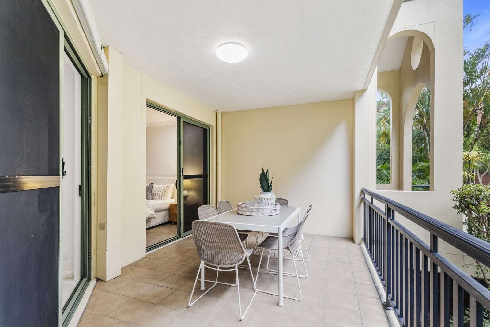 Modern one-bedroom apartment with large balcony.