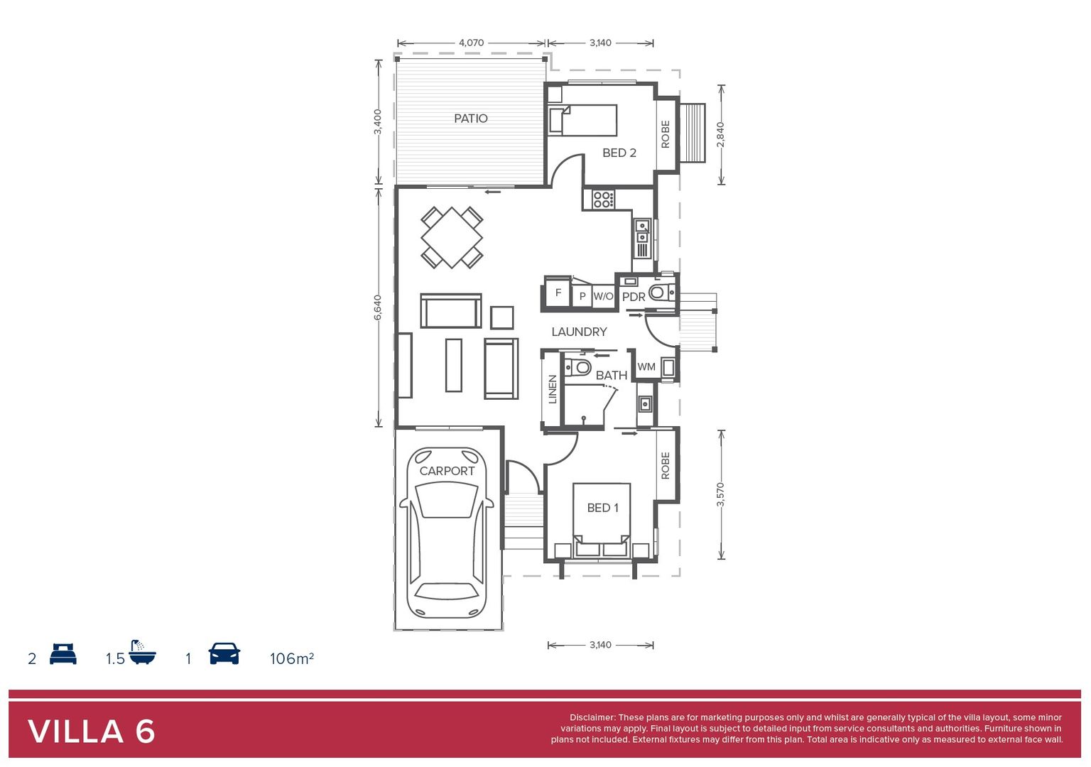 2 Bed + 1 Bath + Powder Room Villa 6