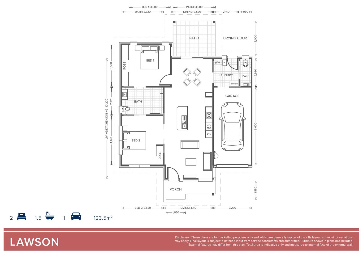 Lawson Design 2 Bedroom 1 Bathroom + Powder Room 