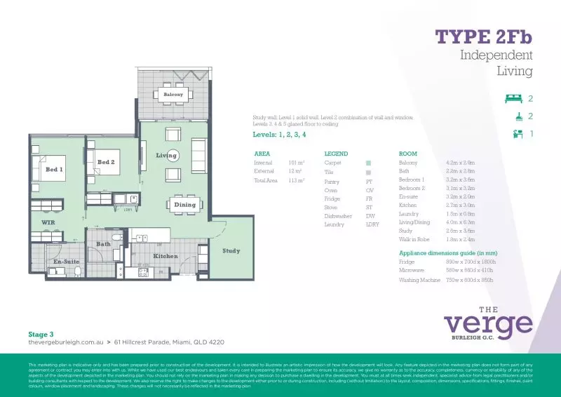 North-facing two-bedroom plus study apartment with expansive outdoor space