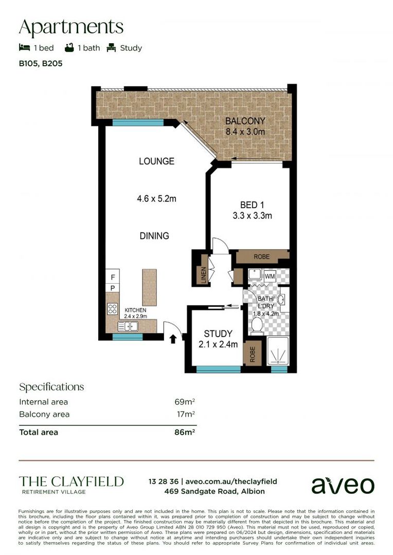 Light-filled one-bedroom apartment with study