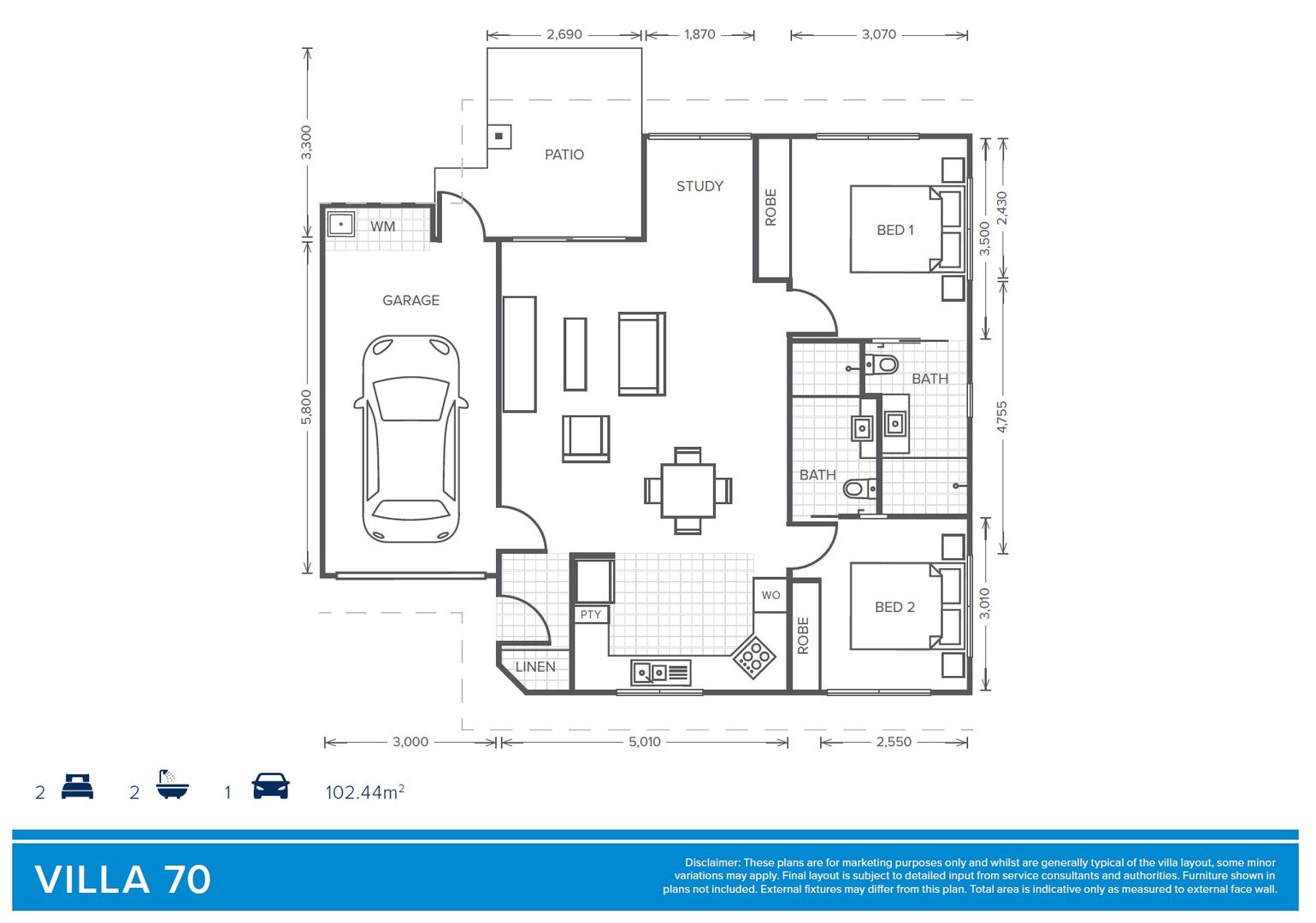 Villa 70 - 2 Bed + 2 Bath + Study