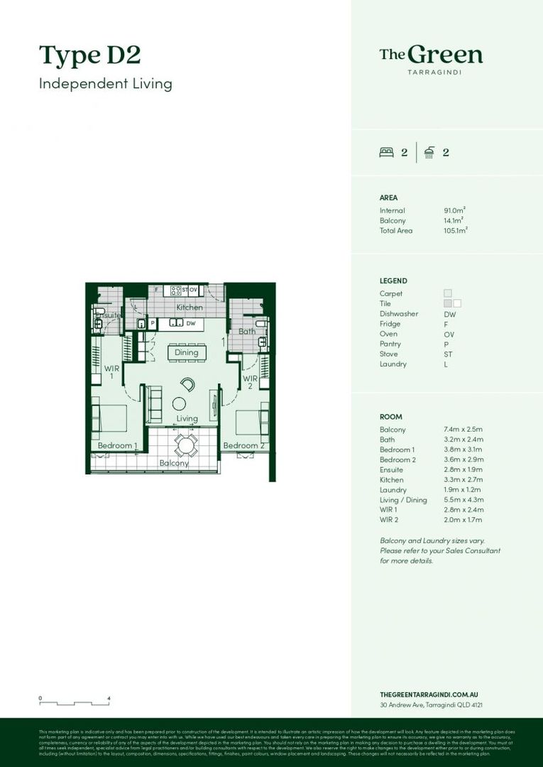 Elegant two-bedroom apartment with peaceful, tree-lined outlooks