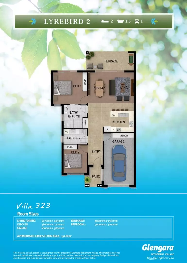 Discover tranquillity in our two-bedroom, 1.5 bathroom retirement villa