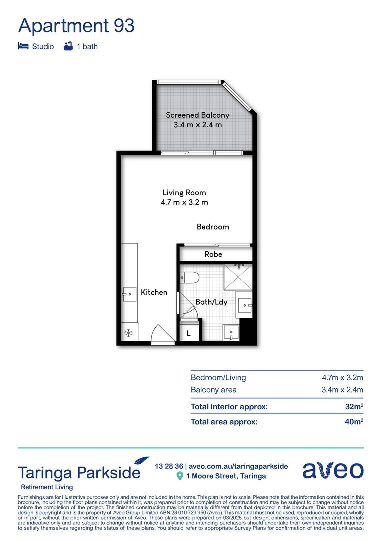 Peaceful retirement living studio apartment