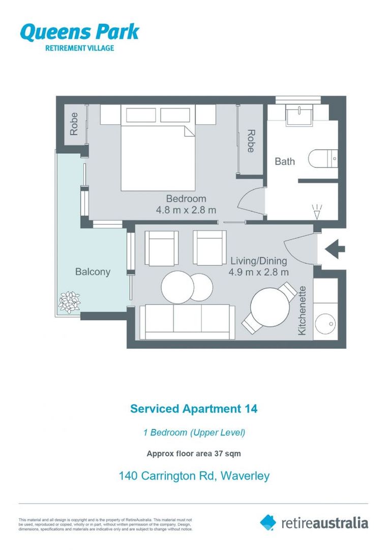 Fully refurbished one bedroom serviced apartment with separate bedroom and ensuite plus kitchenette and balcony.
