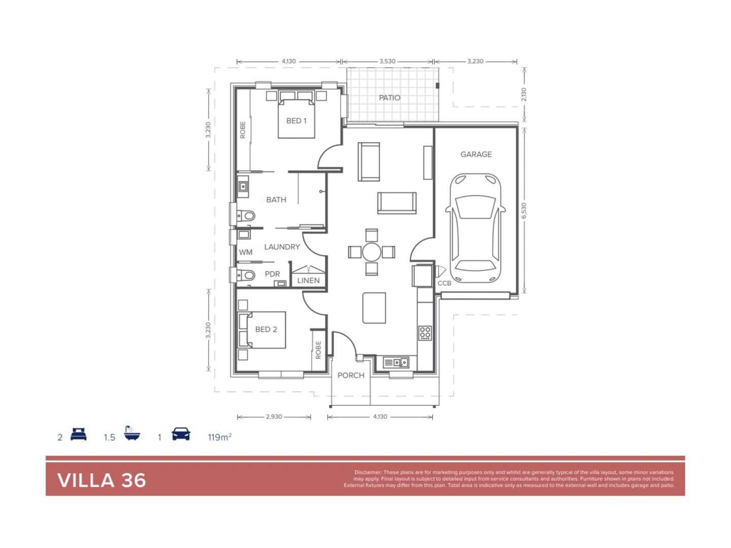 Villa 36| 2 Bed + 1 Bath + Powder Room