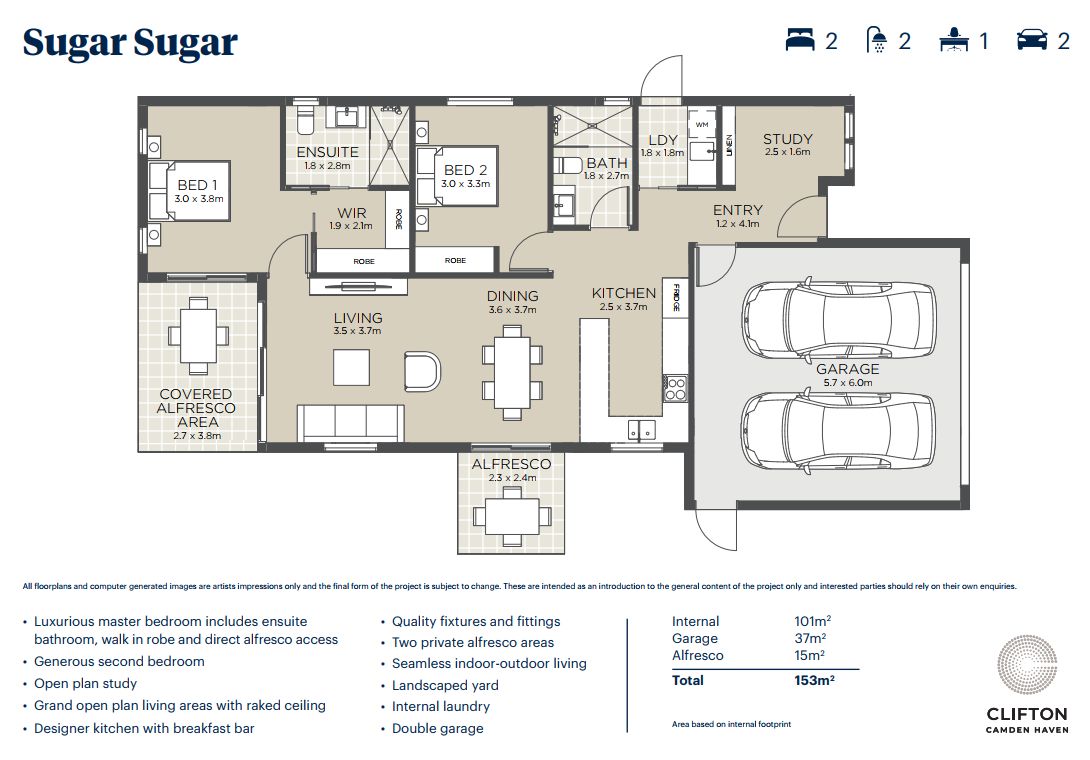 Stylish two-bedroom, two-bathroom home with study and two alfresco areas