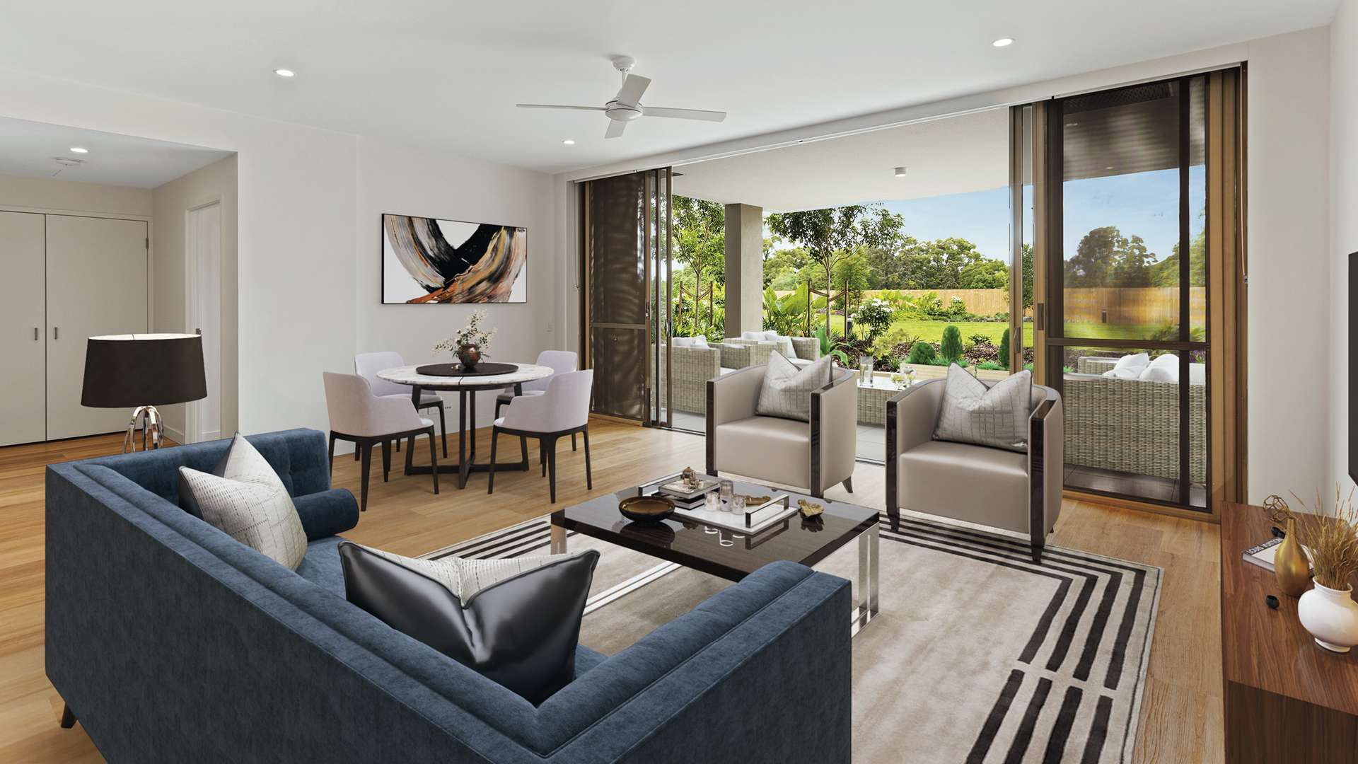 Spacious courtyard apartment surrounded by established gardens