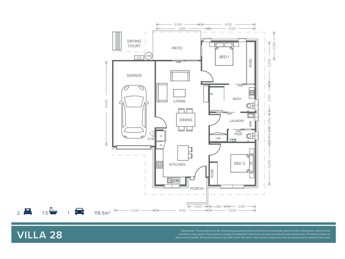Villa 28 | 2 bedroom, 1 bath + powder - Oak Tree Retirement Village Mudgee