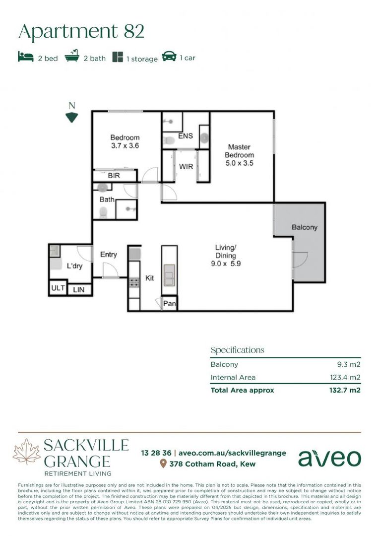 Spacious two-bedroom apartment with north-facing balcony