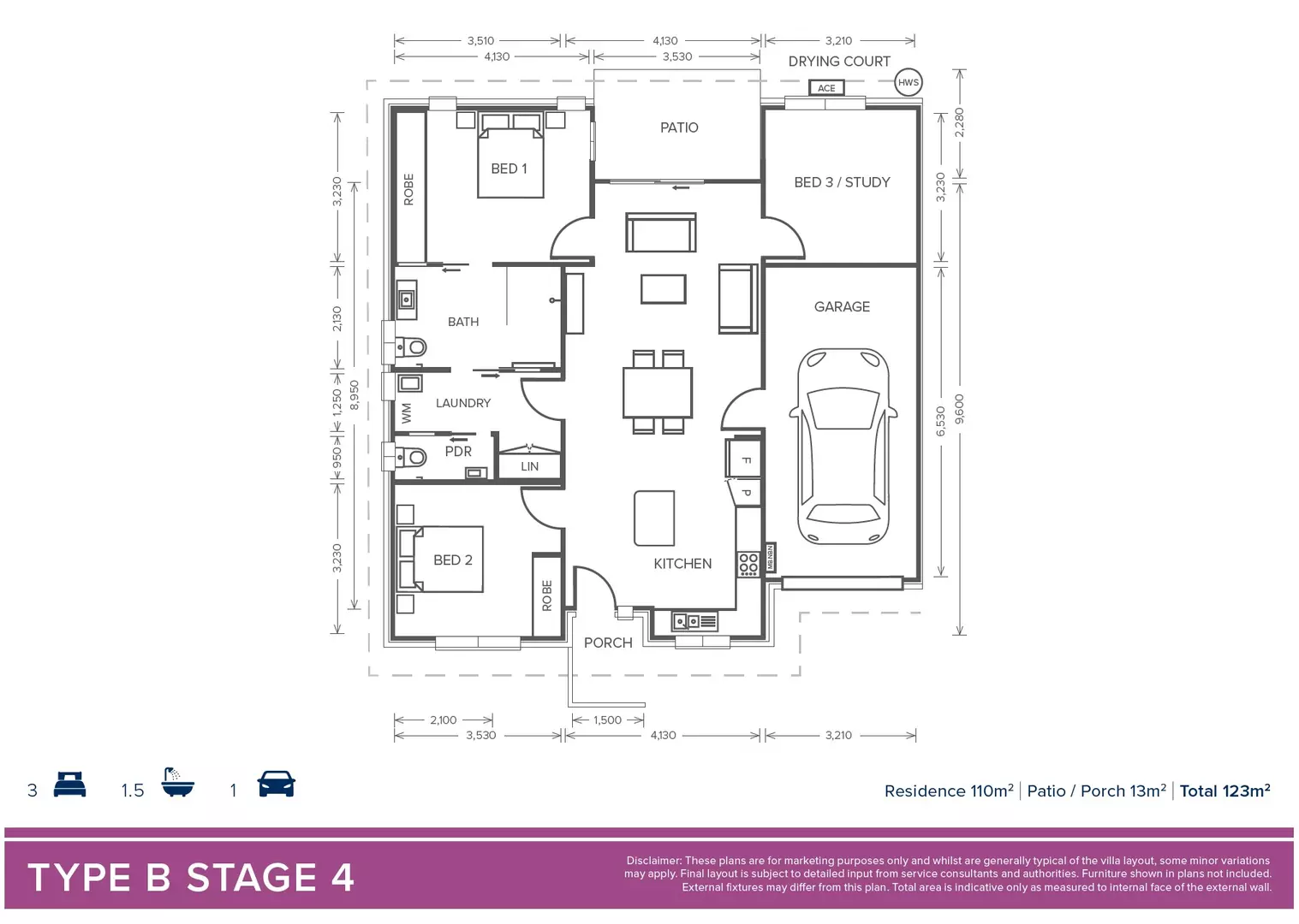 'Type B' | 3 Bedroom + 1 bath + Powder