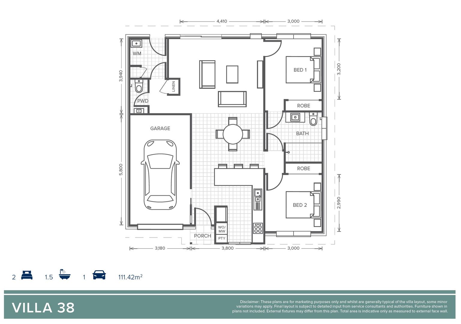 Villa 38 - 2 Bedroom + 1 Bathroom + Powder Room