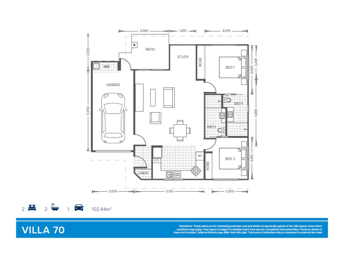 Villa 70 | 2 Bed + 2 Bath + Study - Oak Tree Retirement Village Cairns