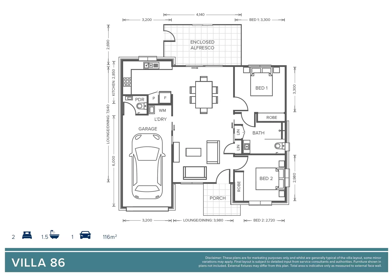 2 Bed 1 Bath 1 Powder Room 'Olley' Villa