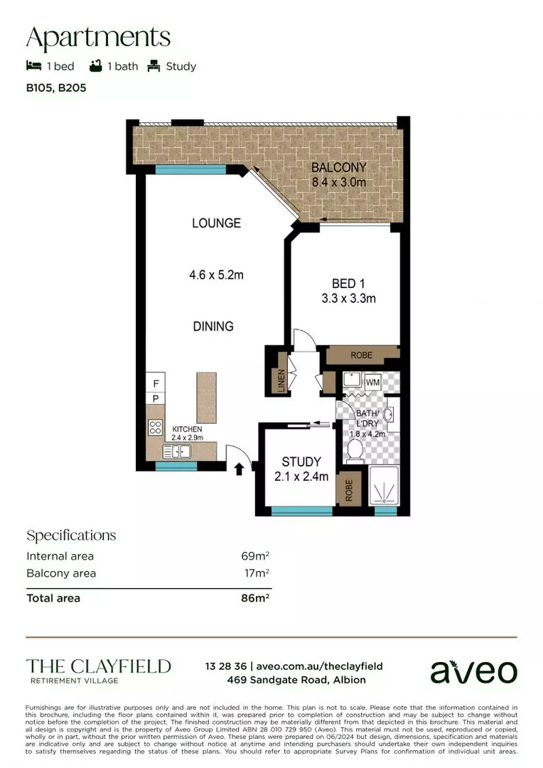 Light-filled one-bedroom apartment with study