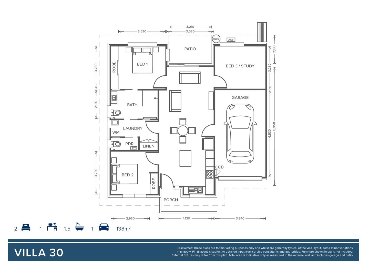 Villa 30 'Willowtree' - 3 Bedroom + 1 Bathroom + 1 Powder room