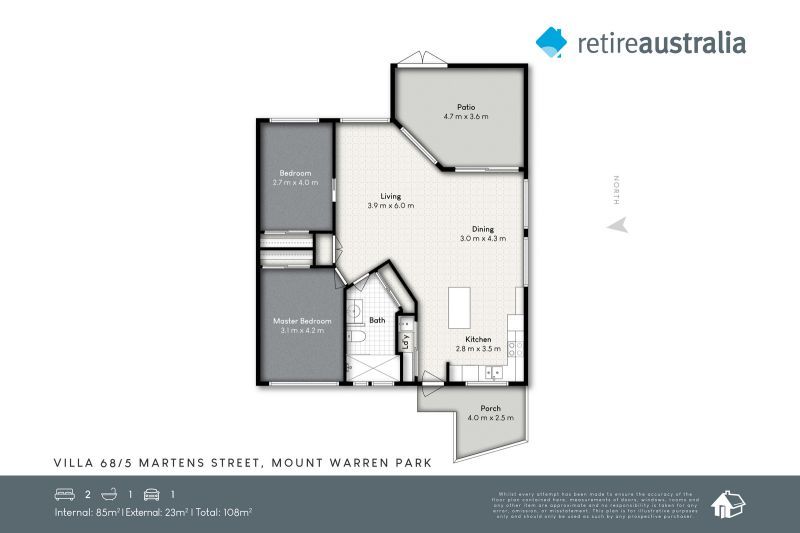 Beautiful two-bedroom, one bathroom villa with covered rear entertaining area.