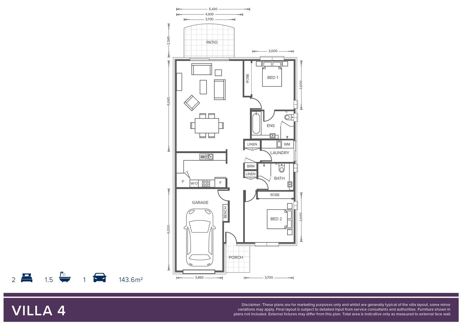 2 Bedroom 2 Bathroom 'Bottlebrush' Villa